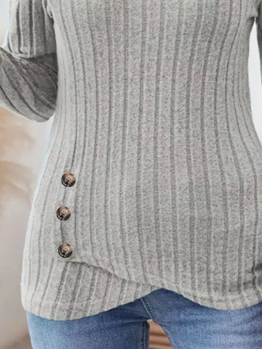 Gray ribbed knit top with button detail on the side