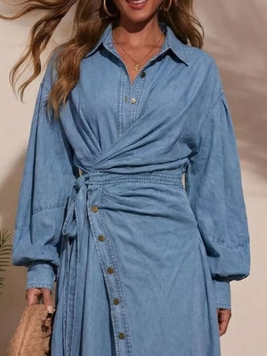 95%cotton, 5%spandex Care instructions: Machine wash cold wrap dress in Light Blue with A-line silhouette
