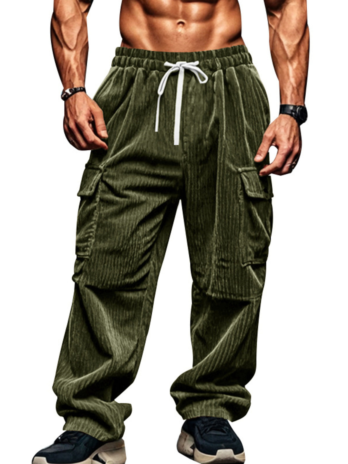 Black cargo pants featuring drawstring waist and corduroy