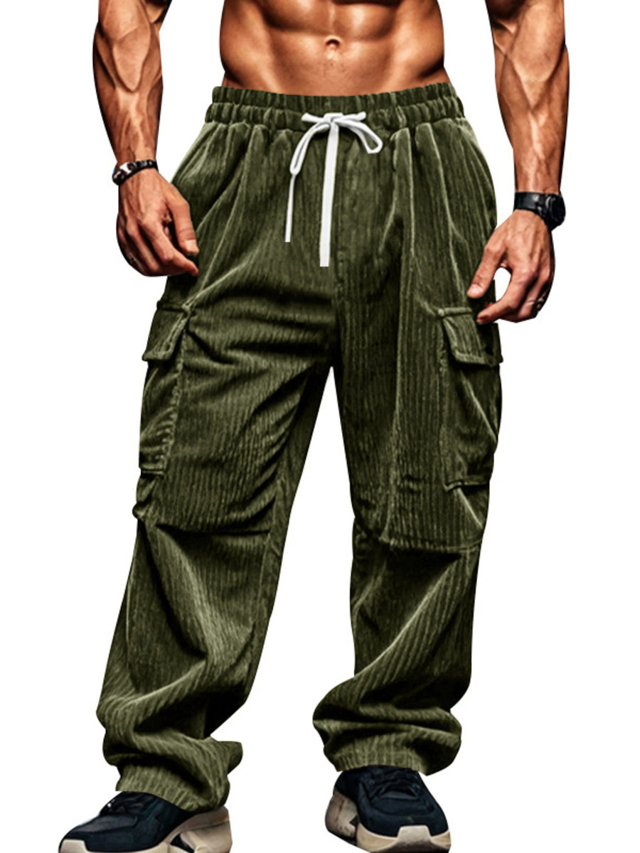 Black cargo pants featuring drawstring waist and corduroy