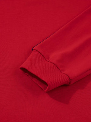 Deep Red sweatshirt with varsity stripe detail on sleeve and ribbed cuffs.