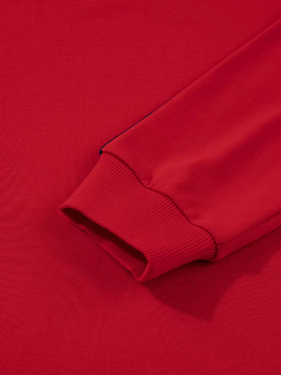 Deep Red sweatshirt with varsity stripe detail on sleeve and ribbed cuffs.
