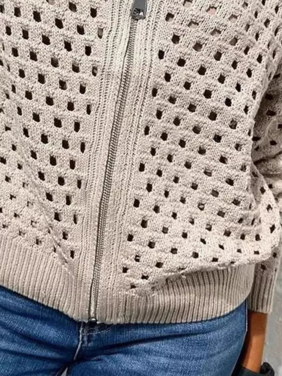 Full Size Crochet Knit Zip-up Cardigan Plus Size in Blue