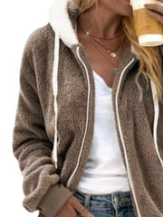 Cozy fleece zip-up hooded jacket in khaki with white drawstring and trim.