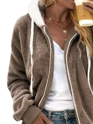 Cozy fleece zip-up hooded jacket in khaki with white drawstring and trim.