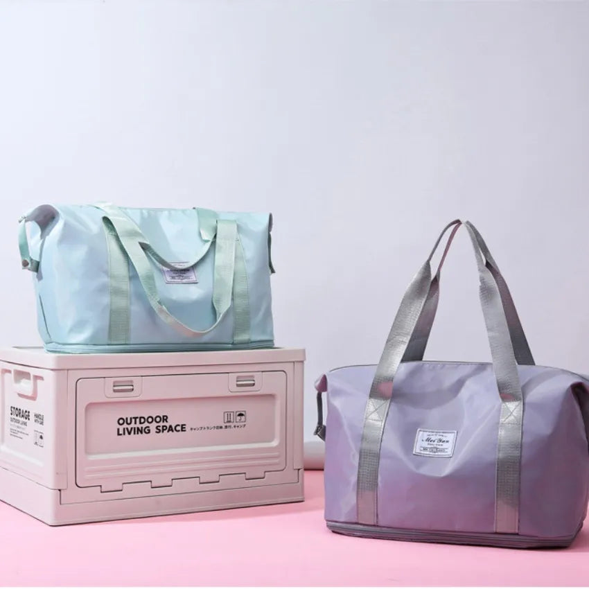 Weekend Escape Nylon Tote in Dusty Blue and Vivid Violet with grey handles