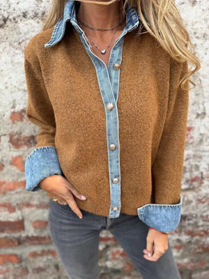 Grey Contrast Denim Trimmed Sweater Cardigan