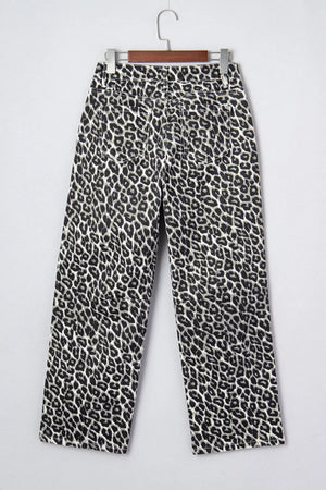 Chic cropped leopard print denim jeans with a straight leg cut.