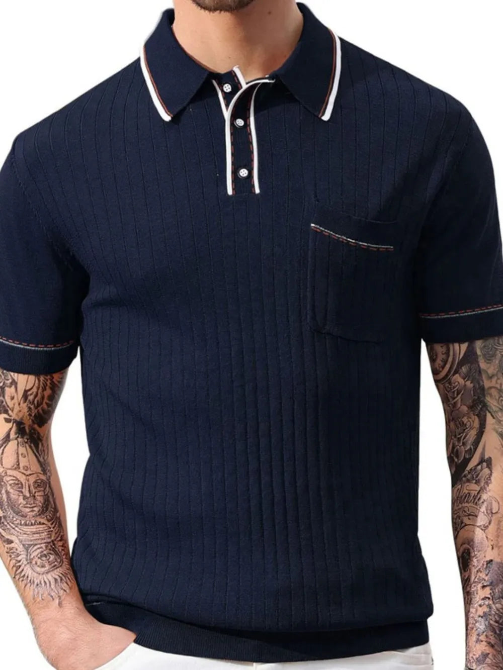 Navy ribbed knit polo shirt with contrast trim and chest pocket.