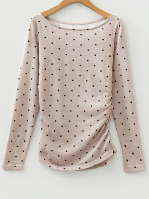 Khaki polka dot long-sleeve tee with boat neck and ruched side detail