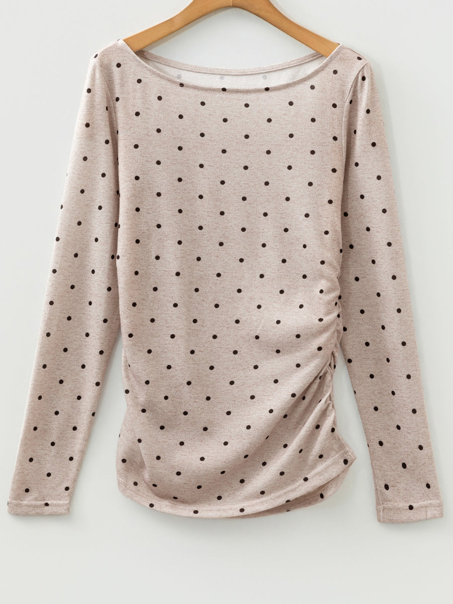 Khaki polka dot long-sleeve tee with boat neck and ruched side detail