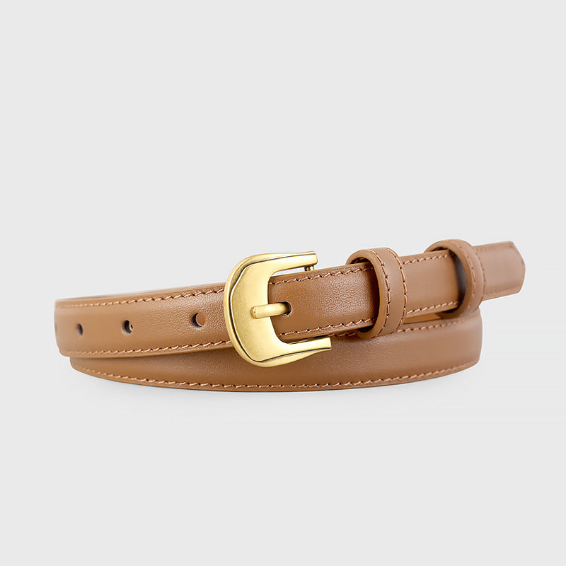 Caramel cowhide leather belt with gold buckle and adjustable holes