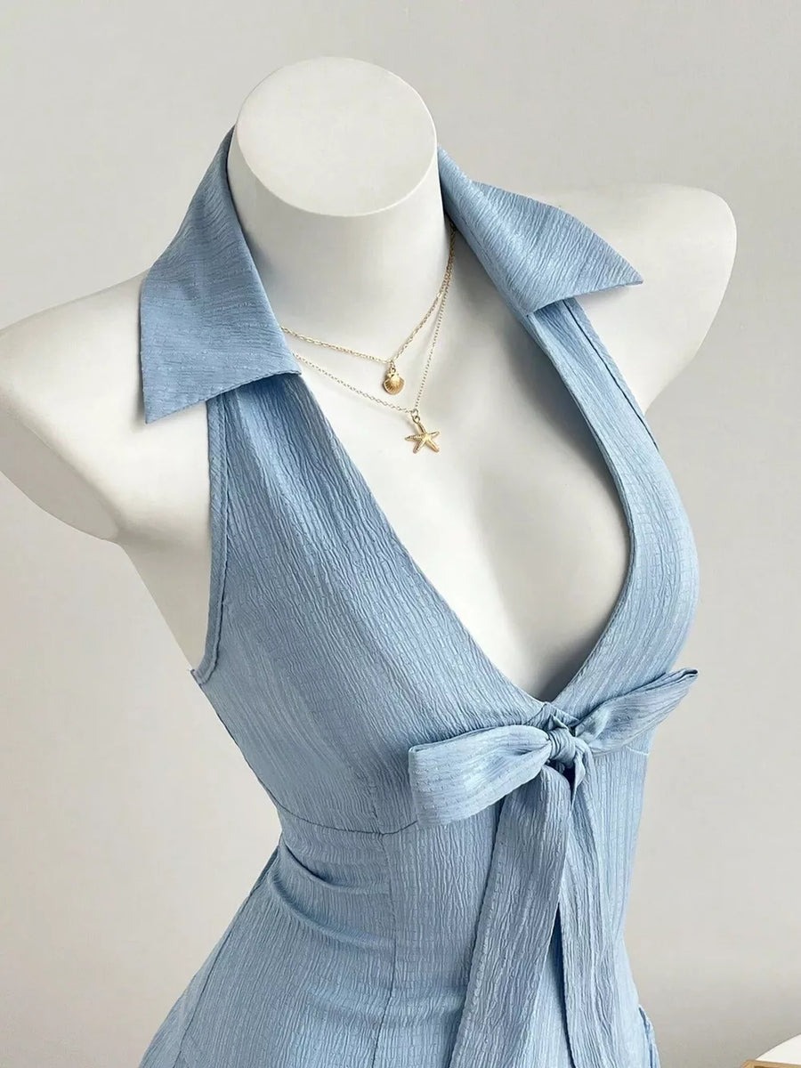 Halter Neck Bow Tie Pleated Mini Dress option 3