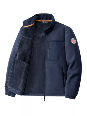 Men's dark blue fleece jacket with zip pockets and fleece lining.