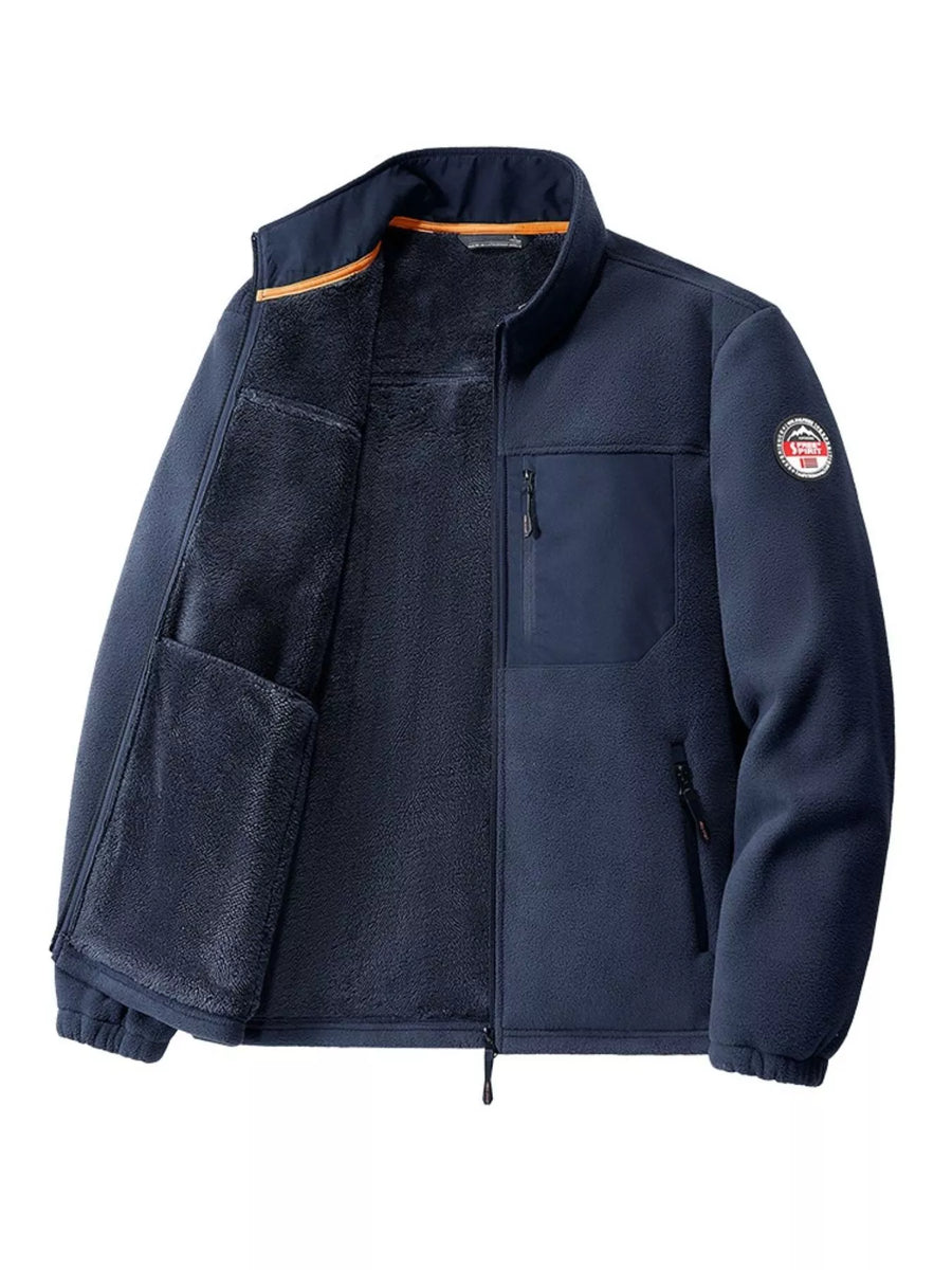 Men's dark blue fleece jacket with zip pockets and fleece lining.