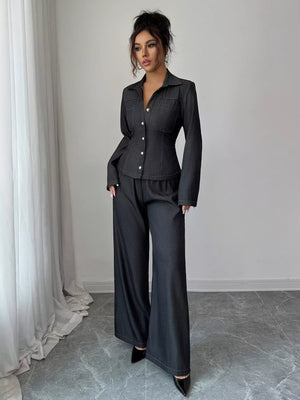 Gray button-up shirt and wide-leg pants set with contrast stitching