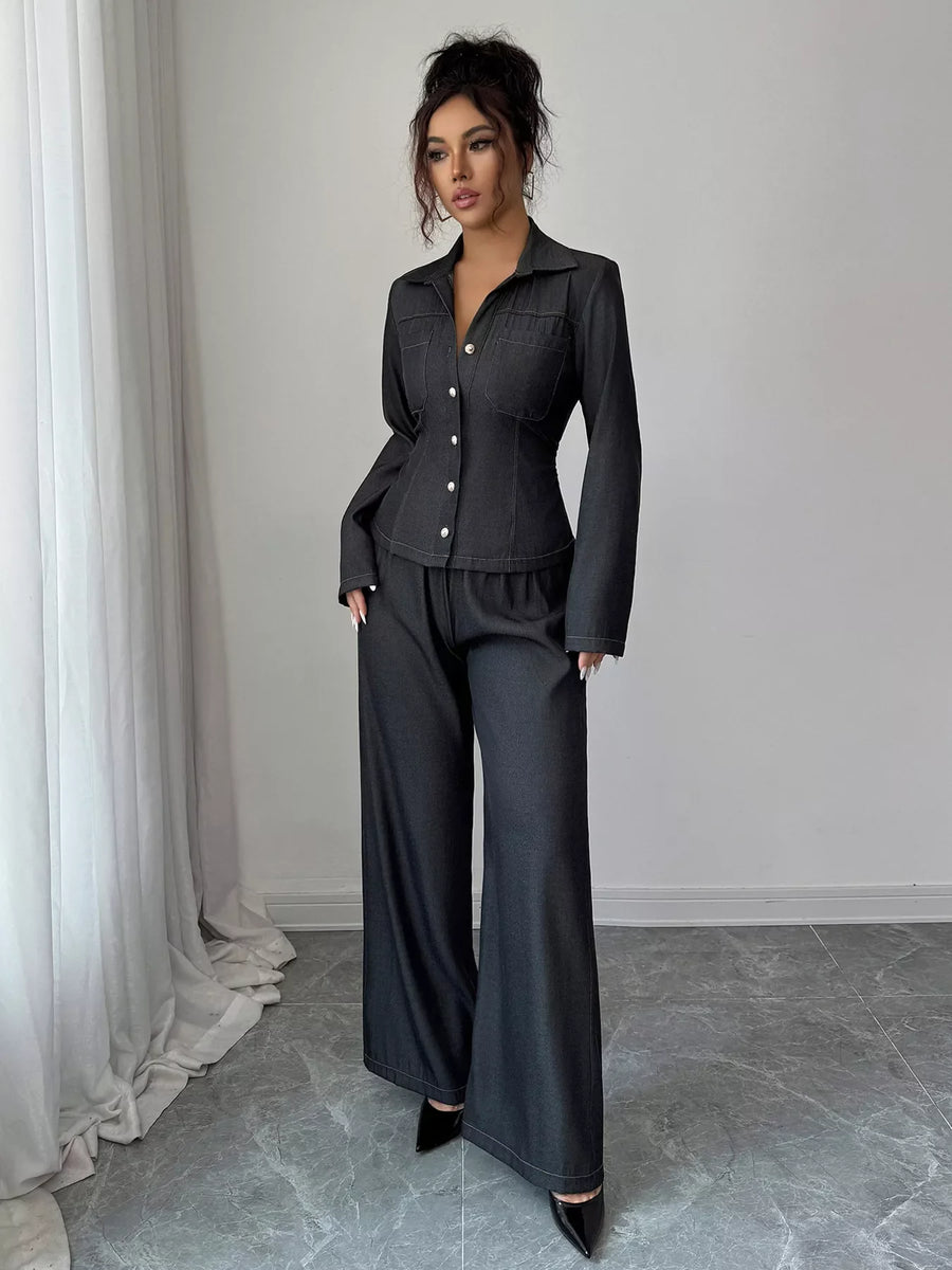 Gray button-up shirt and wide-leg pants set with contrast stitching