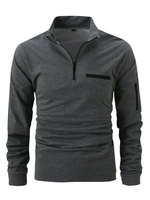 Dark Gray mock neck zip-up sweatshirt with welt pocket and zippered sleeve pocket.