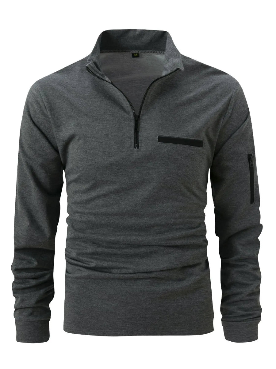 Dark Gray mock neck zip-up sweatshirt with welt pocket and zippered sleeve pocket.