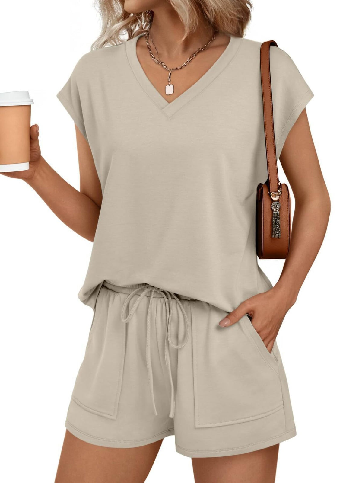 Apricot V-neck cap sleeve top and drawstring shorts set with pockets
