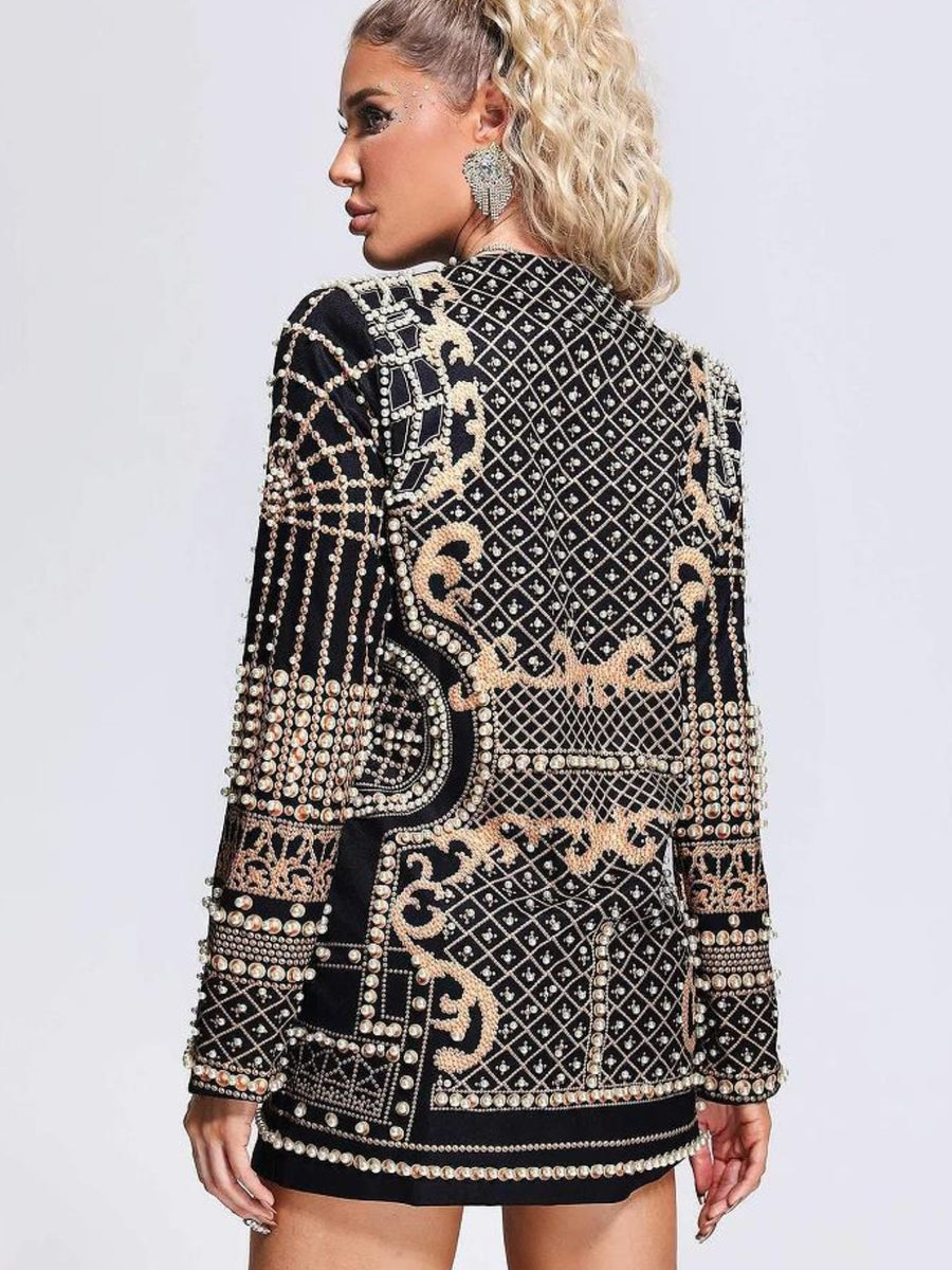 Gold blazer with tunic-length and button-front