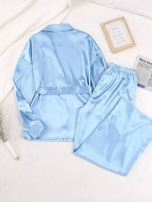 Light Blue pajama set with hip-length, full-length and button-front, tie