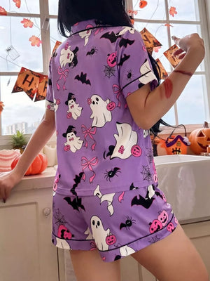 Halloween Ghost Print Button-down Lounge Set in Purple with buttoned