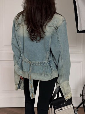 Blue denim jacket with hip-length and button-front