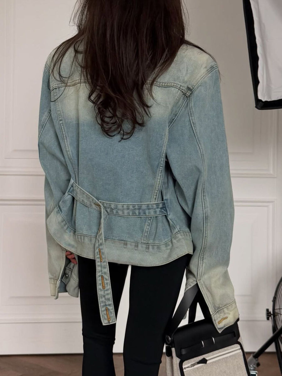 Blue denim jacket with hip-length and button-front