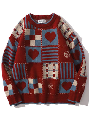 Heart pattern checkered sweater in red and blue with crew neck and long sleeves.