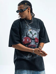 Black oversized cotton blend t-shirt with vintage cat graphic and boxing gloves.