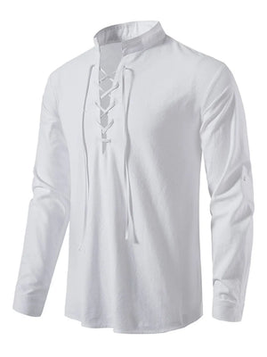 White linen lace-up shirt with mandarin collar and long sleeves.