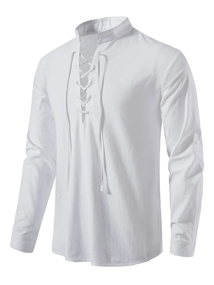 White linen lace-up shirt with mandarin collar and long sleeves.