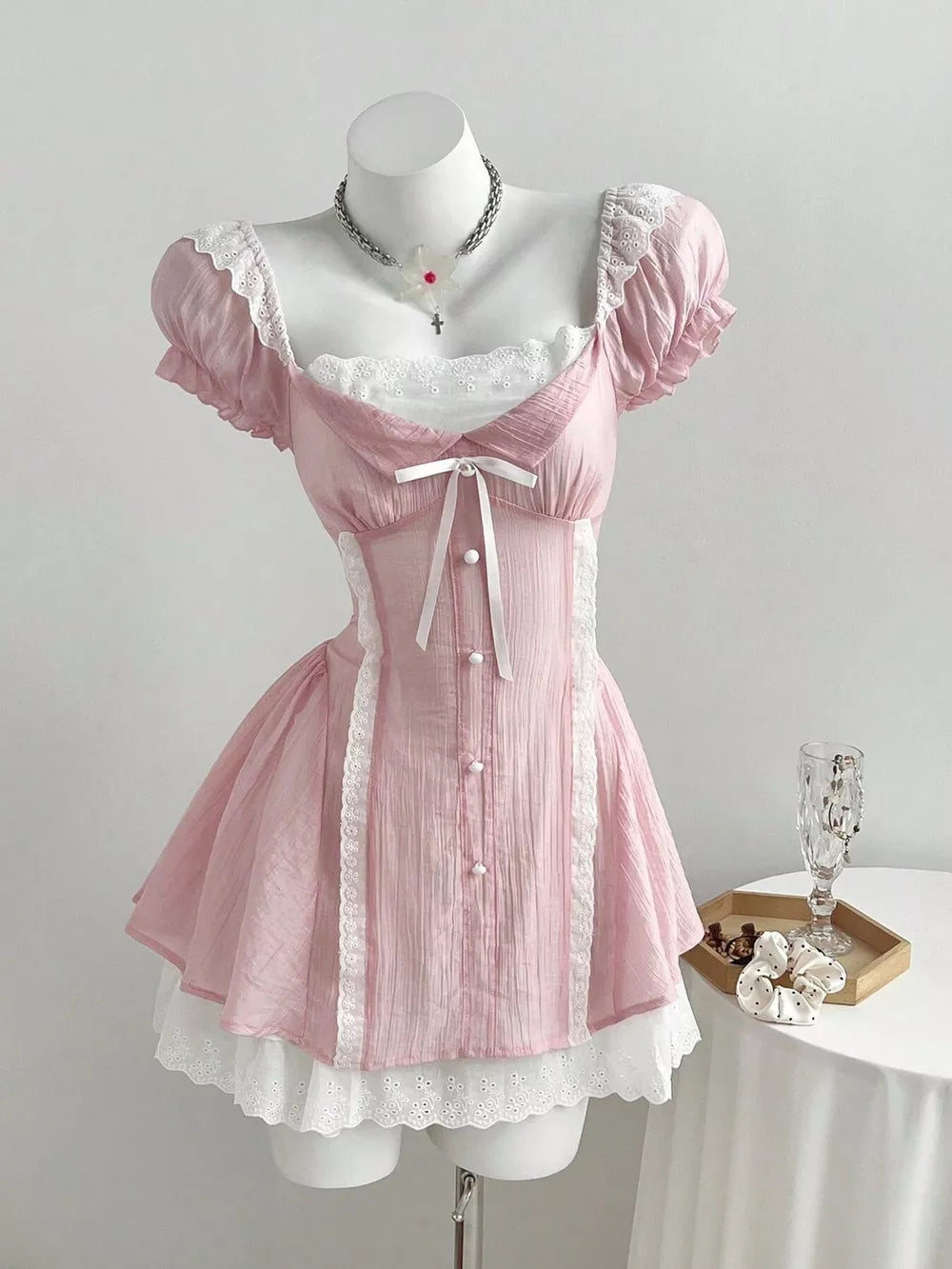 Lace Detail Cap Sleeve Mini Dress