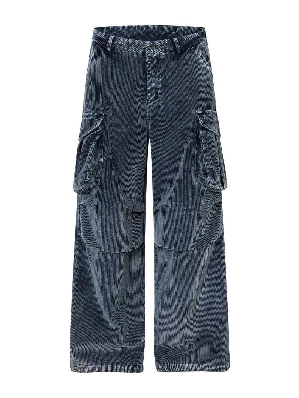 Blue corduroy cargo pants with textured fabric and functional pockets.