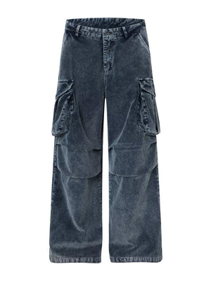 Blue corduroy cargo pants with textured fabric and functional pockets.