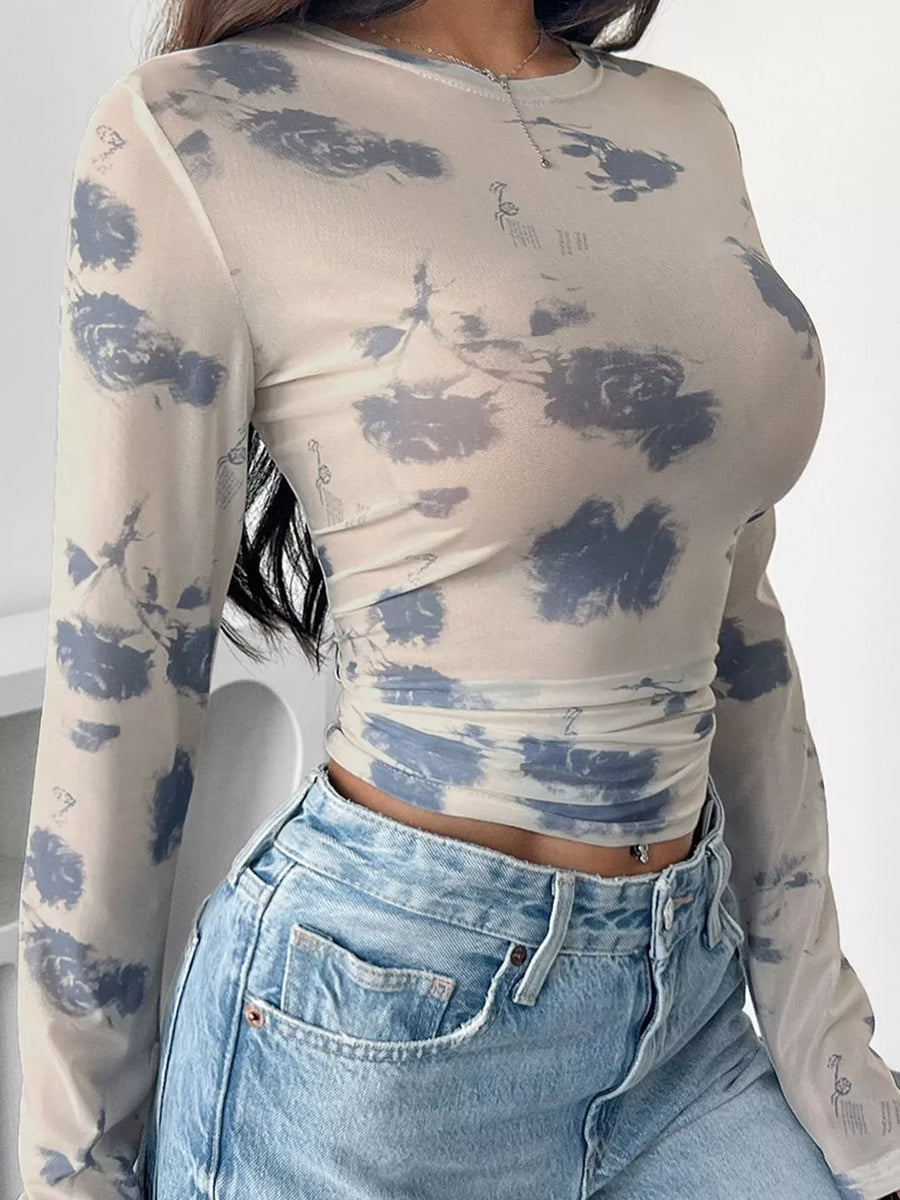 Beige with Sheer Cloud Print Long Sleeve T-shirt in Beige