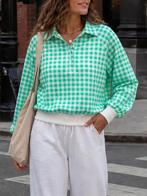 Gingham Plaid Collared Sweatshirt in Yellow with collared