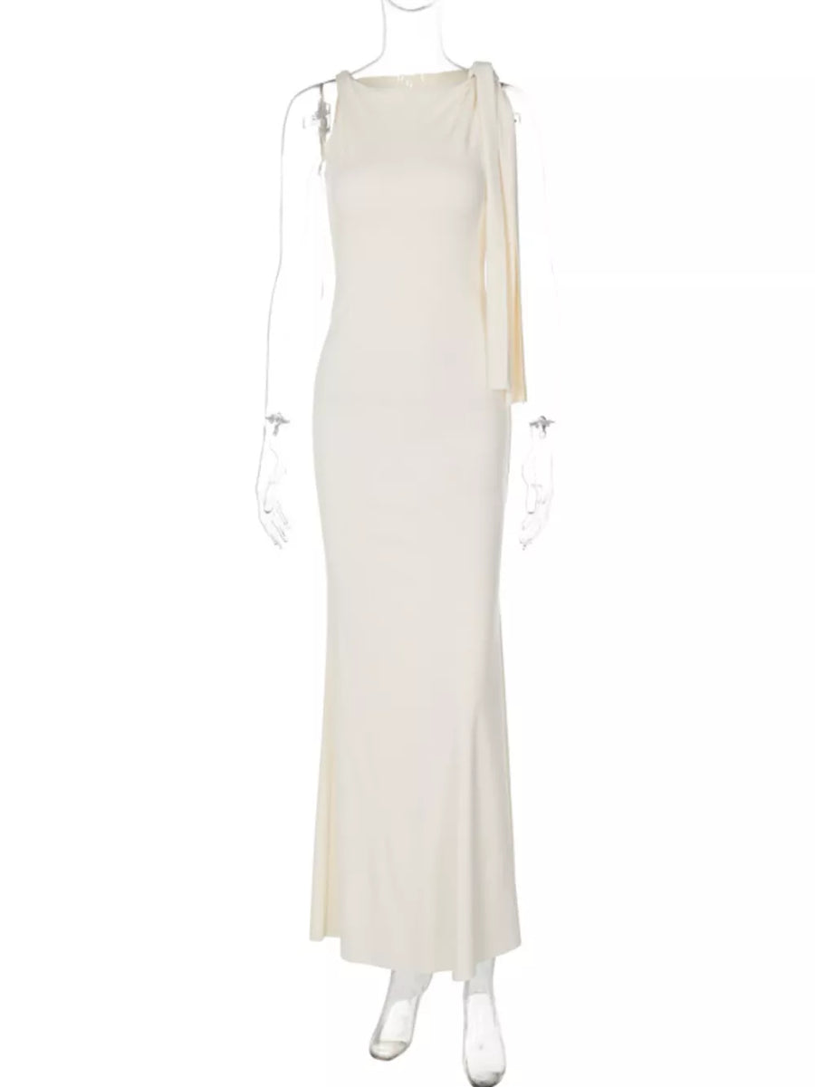 Apricot asymmetrical draped maxi dress with a cowl neck detail.