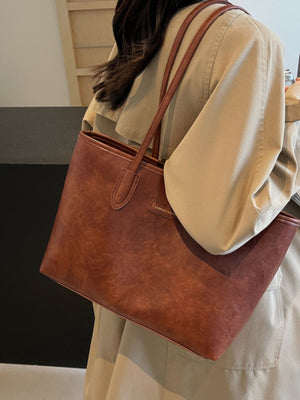 PU Leather Imported Size &amp tote in cognac with boxy silhouette