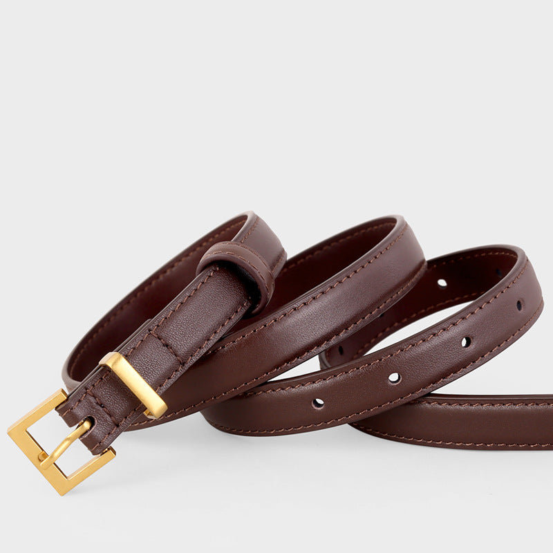 Brown leather skinny belt with adjustable golden buckle