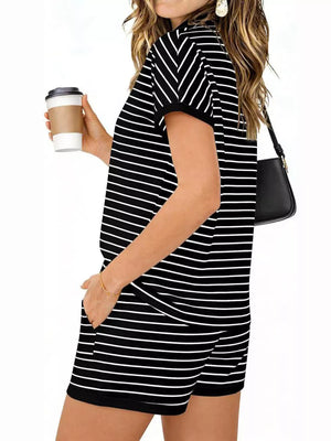 Black striped loungewear set with a t-shirt and pocketed shorts.