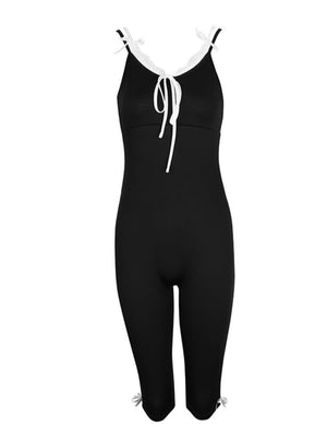 Black lace trim tie-front capri romper with bow details