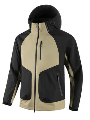 Waterproof hooded jacket in khaki and black with adjustable hood and zippered pockets.