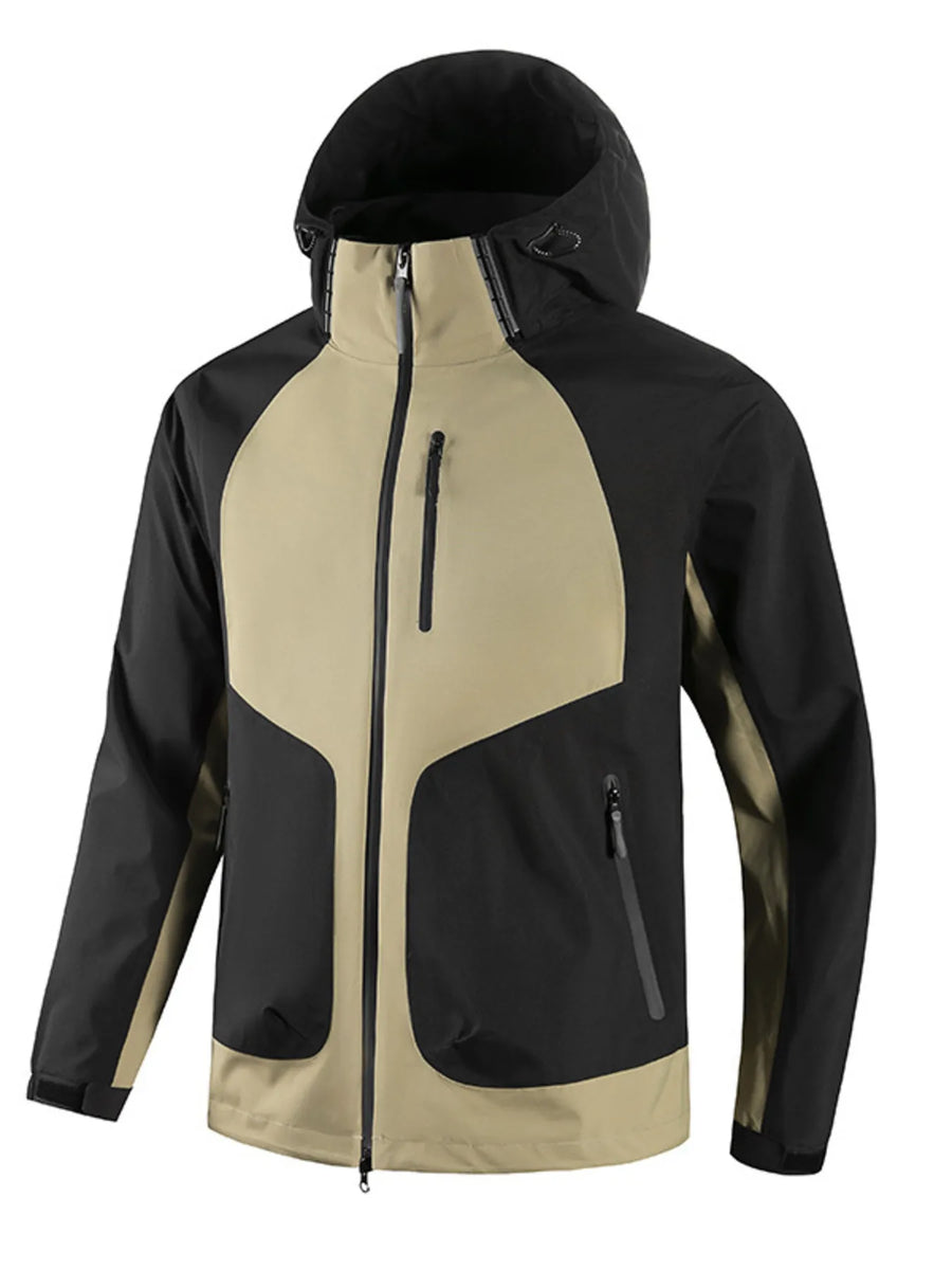 Waterproof hooded jacket in khaki and black with adjustable hood and zippered pockets.