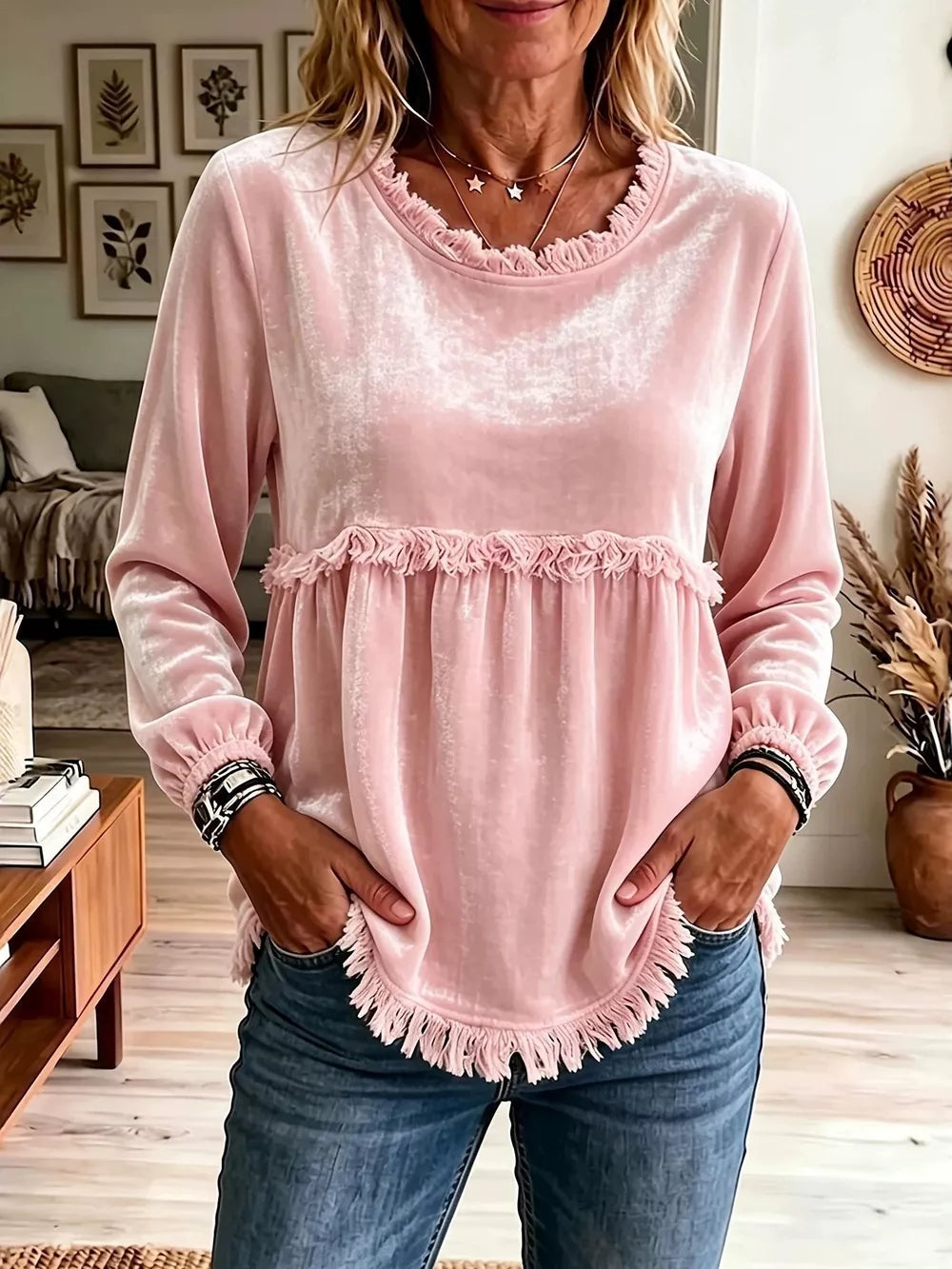 Black Velvet Fringe Long Sleeve Blouse