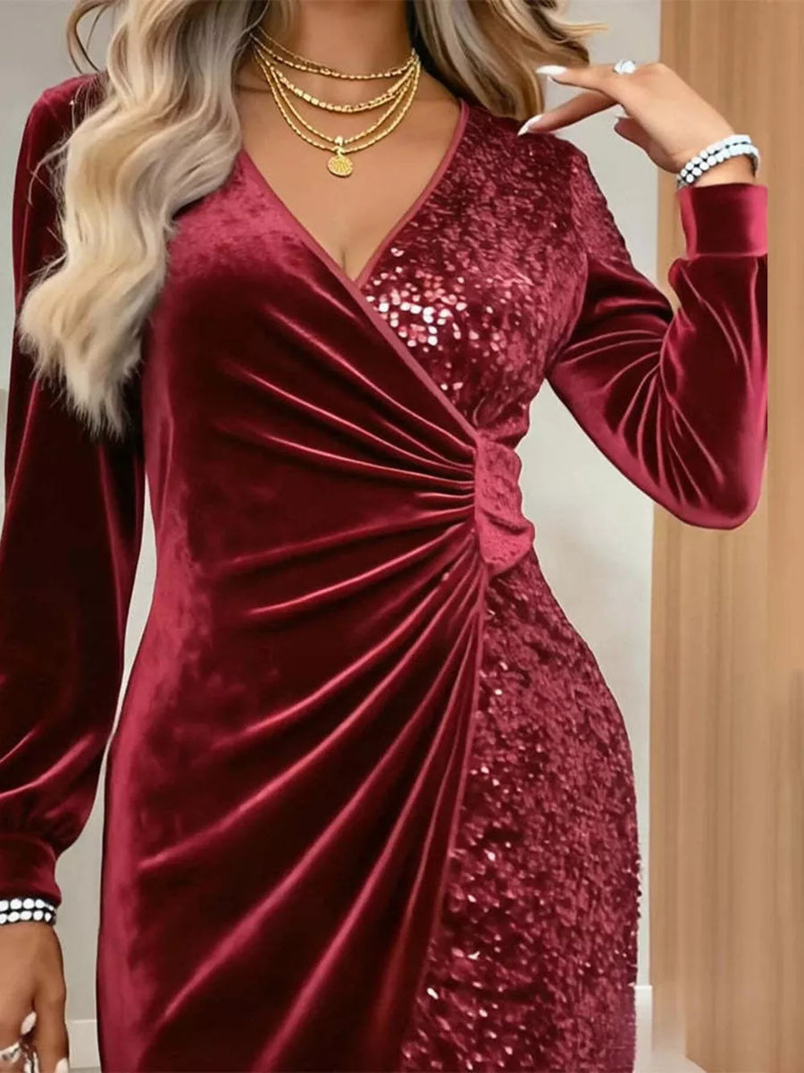 Velvet Sequin Long Sleeve Wrap Dress in Gold, view 11