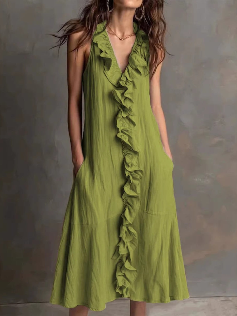 midi dress in olive green featuring pocketed and A-line fit