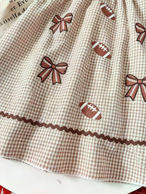 Brown with Children's Gingham Football Puff Sleeve Dress in Brown