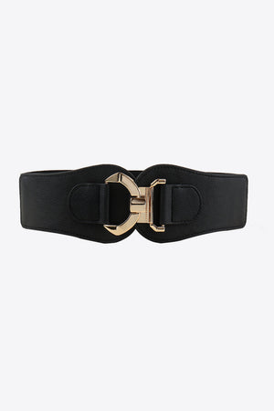 Black elasticated corset belt with sculpted gold buckle detail